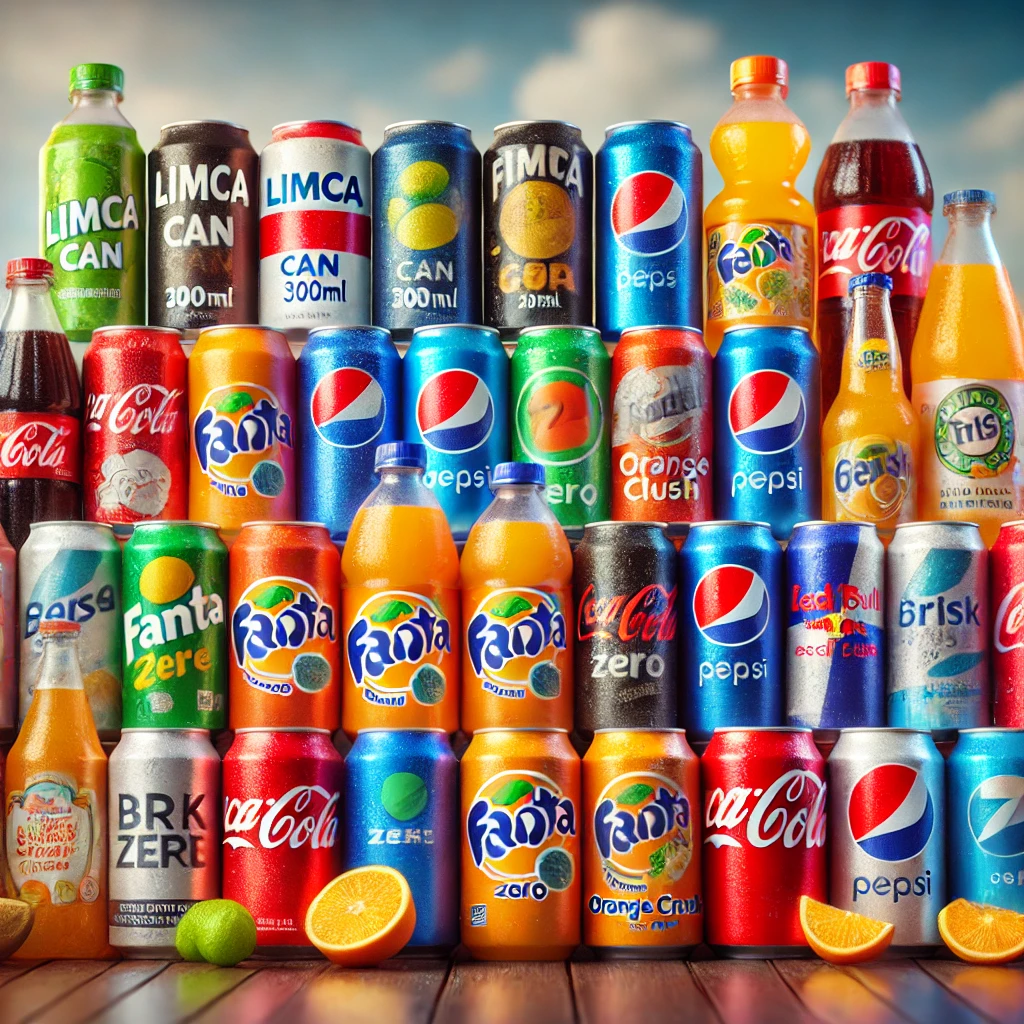 DALL·E 2025-02-05 13.36.15 - A realistic combo image showcasing a variety of cold drinks including Limca Can 300ml, Thums Up Can 300ml, Fanta Can 300ml, Fanta 2.25L, Coca Cola 2L,
